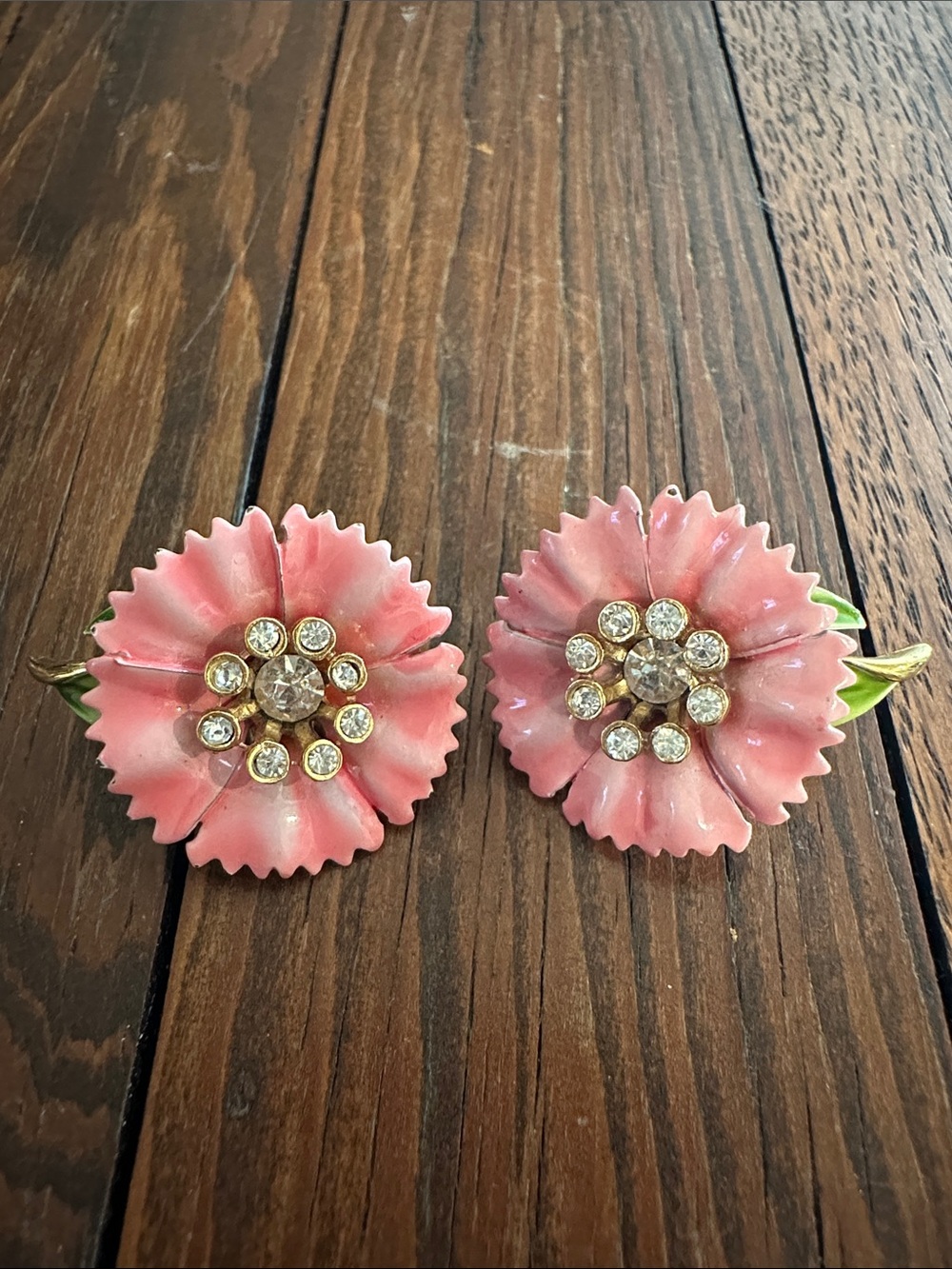 Crown Trifari Pink Enamel Flower clip on earrings with Crystal Centers